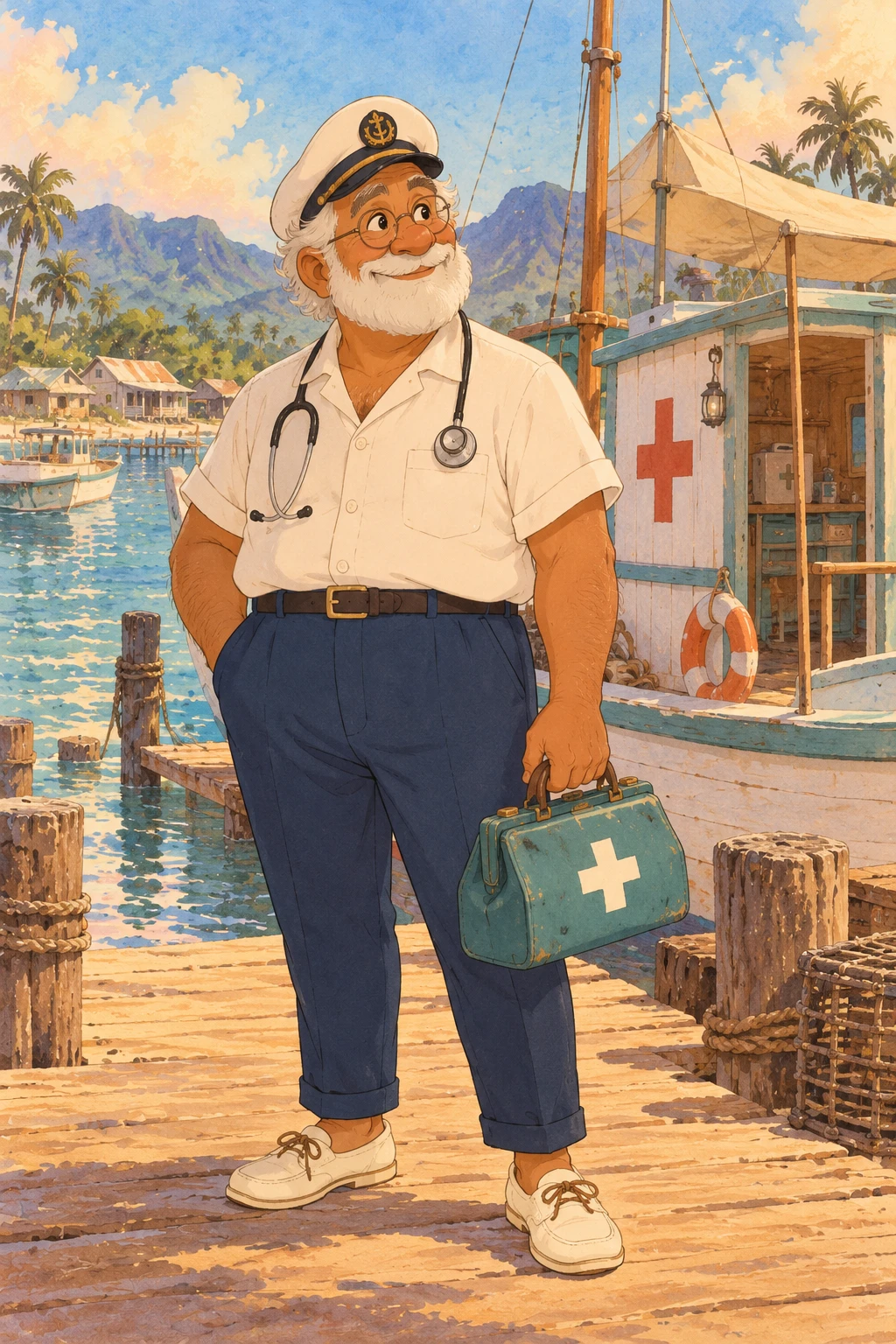 Doc Herrera en 1962 : vieux médecin à barbe blanche et lunettes rondes, casquette de capitaine, chemise blanche, stéthoscope, sacoche médicale turquoise, sur le ponton devant son bateau-dispensaire marqué d'une croix rouge