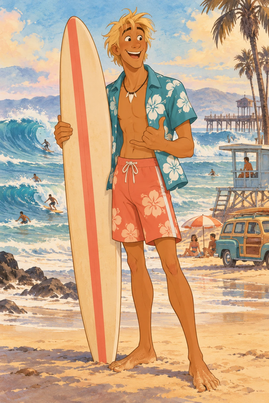 Kai Makoa en 1962 : surfeur blond aux cheveux en bataille, grand sourire, collier en dent de requin, chemise hawaïenne turquoise ouverte, short corail à fleurs, sa planche à la main, devant les vagues et une tour de sauveteur