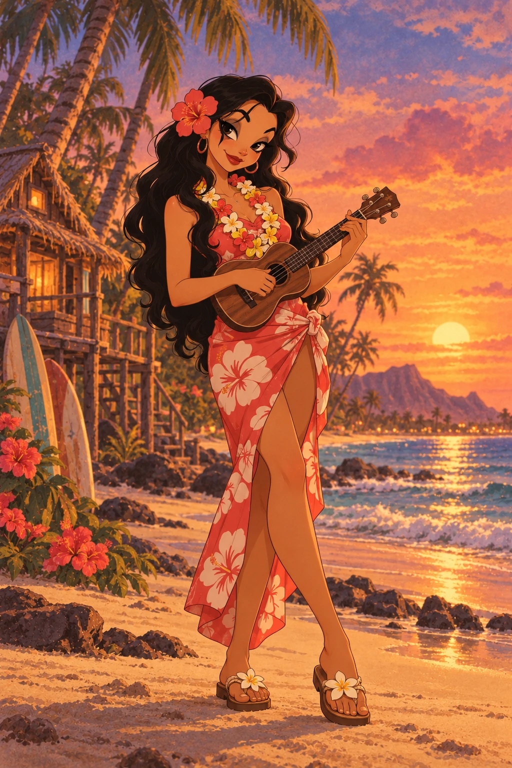Malia Kahale en 1962 : longs cheveux noirs ondulés, hibiscus corail à l'oreille, collier de fleurs, paréo corail à hibiscus blancs, jouant du ukulélé sur la plage de Vespucci au coucher du soleil