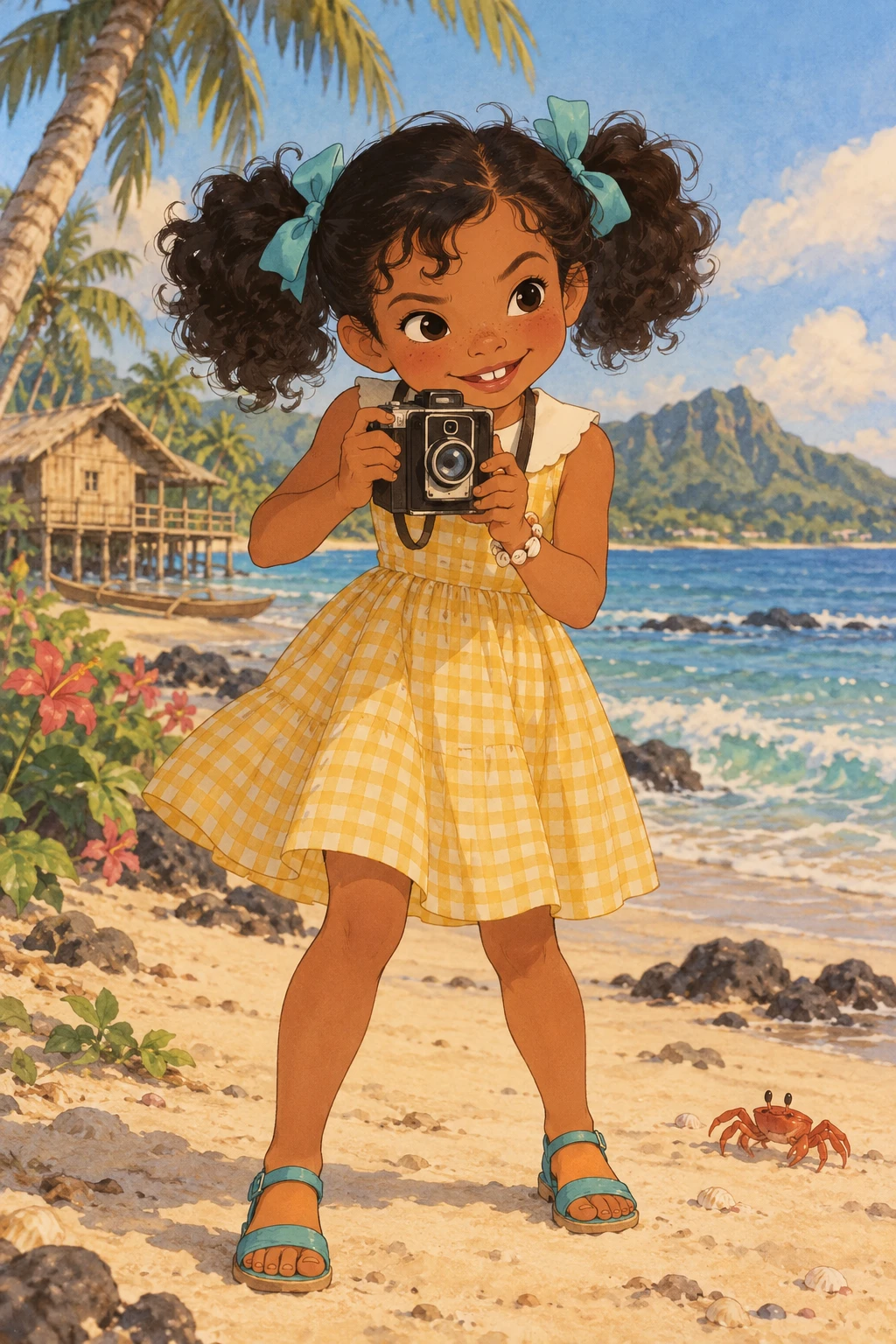 Noe Kahale à 7 ans, en 1962 : cheveux noirs bouclés en deux couettes nouées de rubans turquoise, taches de rousseur, robe jaune à carreaux, prenant une photo avec son vieux Kodak sur la plage, un crabe à ses pieds