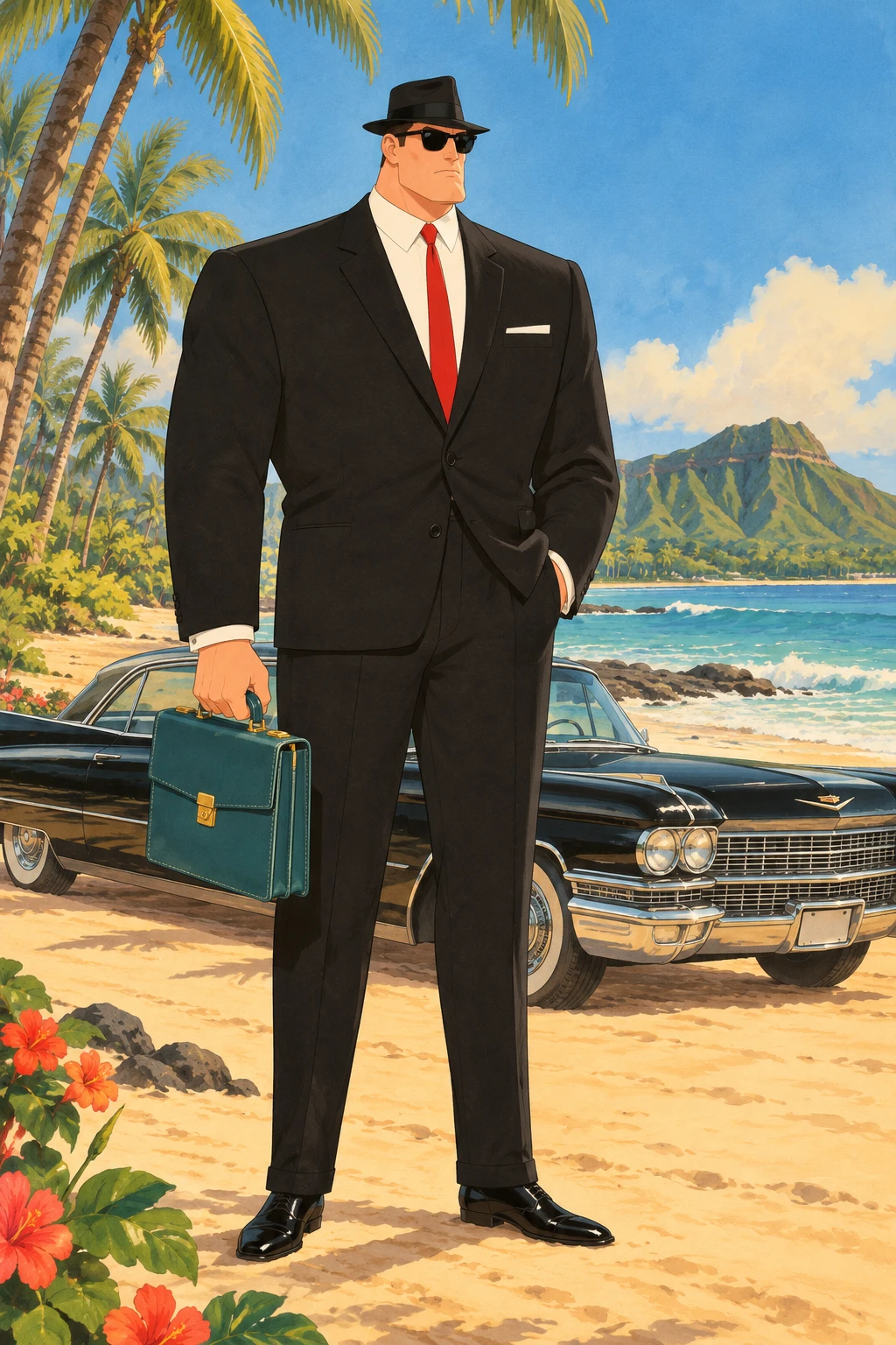L'inspecteur Abner Price en 1962 : immense, costume noir, cravate rouge, chapeau mou et lunettes noires, mallette turquoise à la main, devant une Cadillac noire garée sur la plage