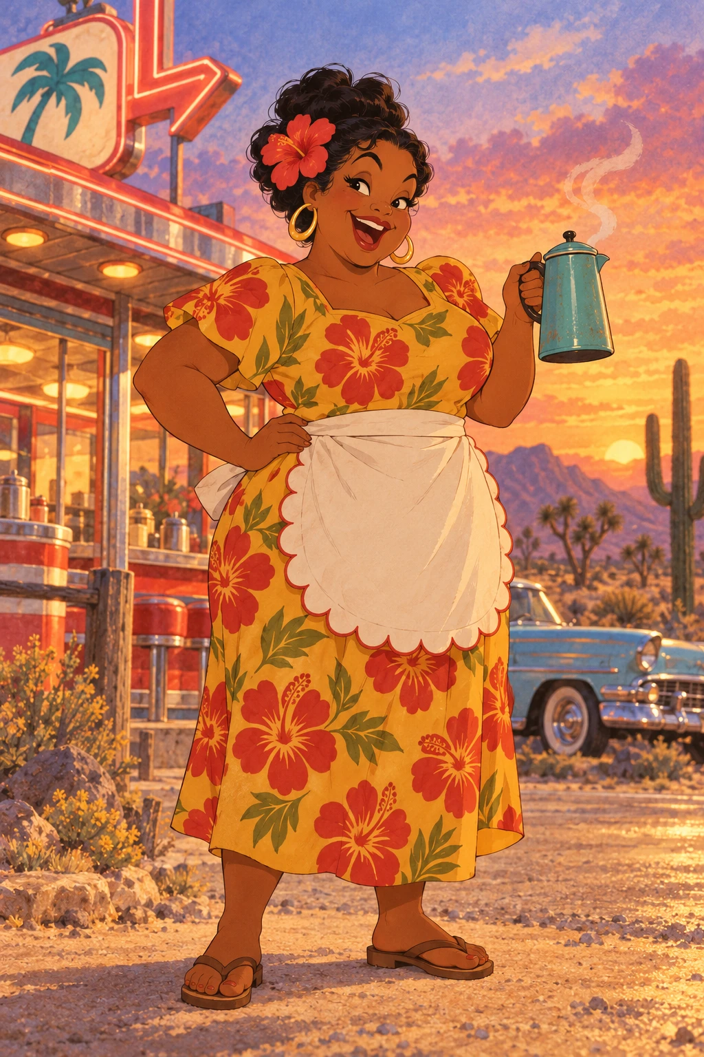 Mama Rose en 1962 : grande femme ronde et rieuse, chignon avec un hibiscus rouge, créoles dorées, robe jaune à hibiscus rouges, tablier blanc festonné, cafetière turquoise fumante, devant son diner dans le désert de Sandy Shores au coucher du soleil