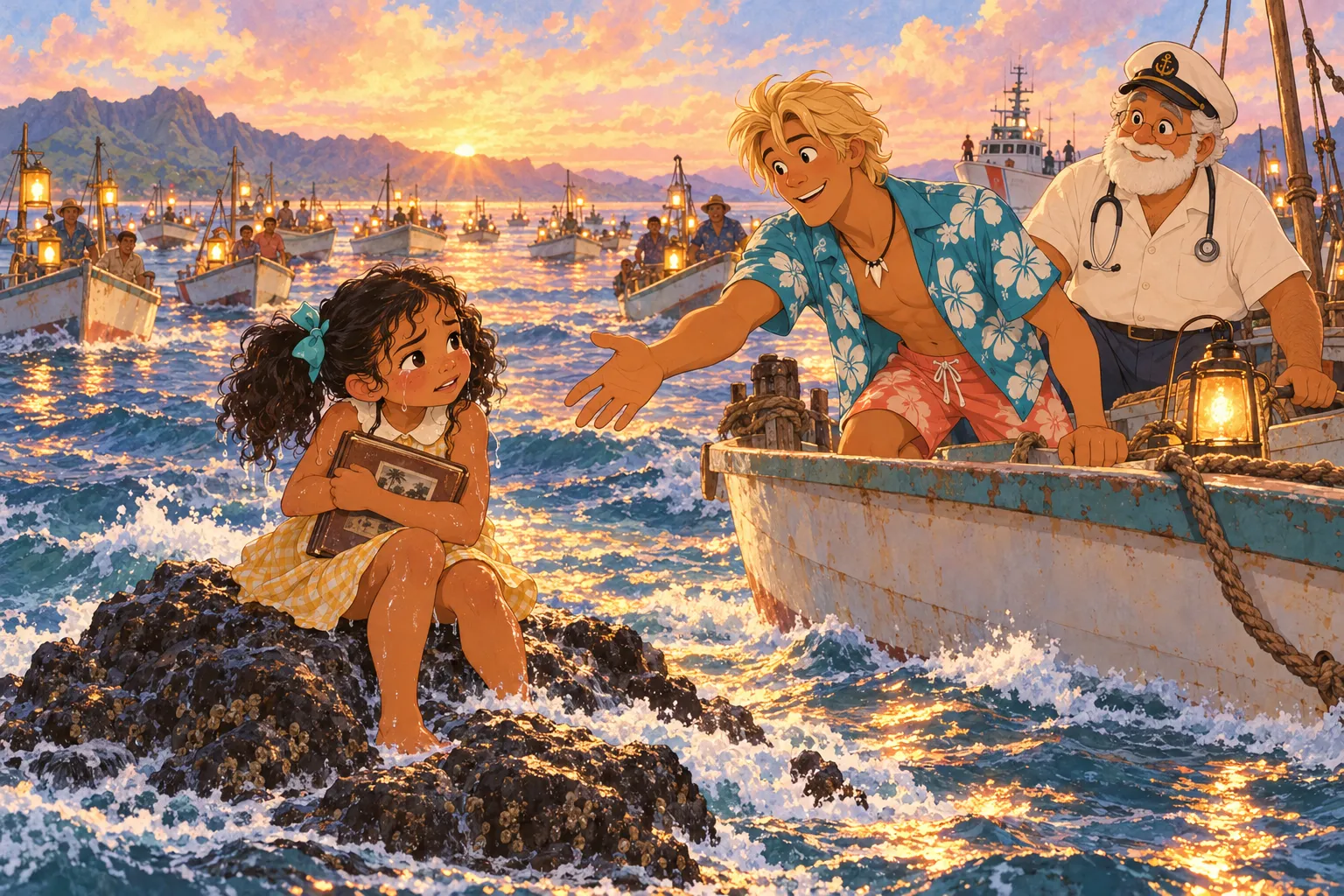 L'aube après la tempête, en 1962 : Noe, trempée, est assise sur le rocher de la Pointe avec son album ; Kai lui tend la main depuis le bateau de Doc Herrera, et des dizaines de barques à lanternes arrivent derrière eux, avec le bateau de la police d'État, sous un lever de soleil doré