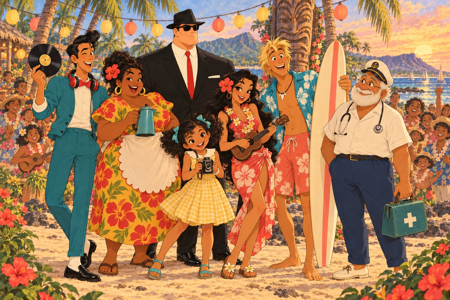 La photo de groupe d'octobre 1962 devant le grand poteau tiki de la Charte : Lou avec son disque, Mama Rose et sa cafetière, l'inspecteur Price, la petite Noe avec son Kodak, Malia et son ukulélé, Kai et sa planche, Doc Herrera et sa sacoche, entourés des habitants en colliers de fleurs sous les lampions