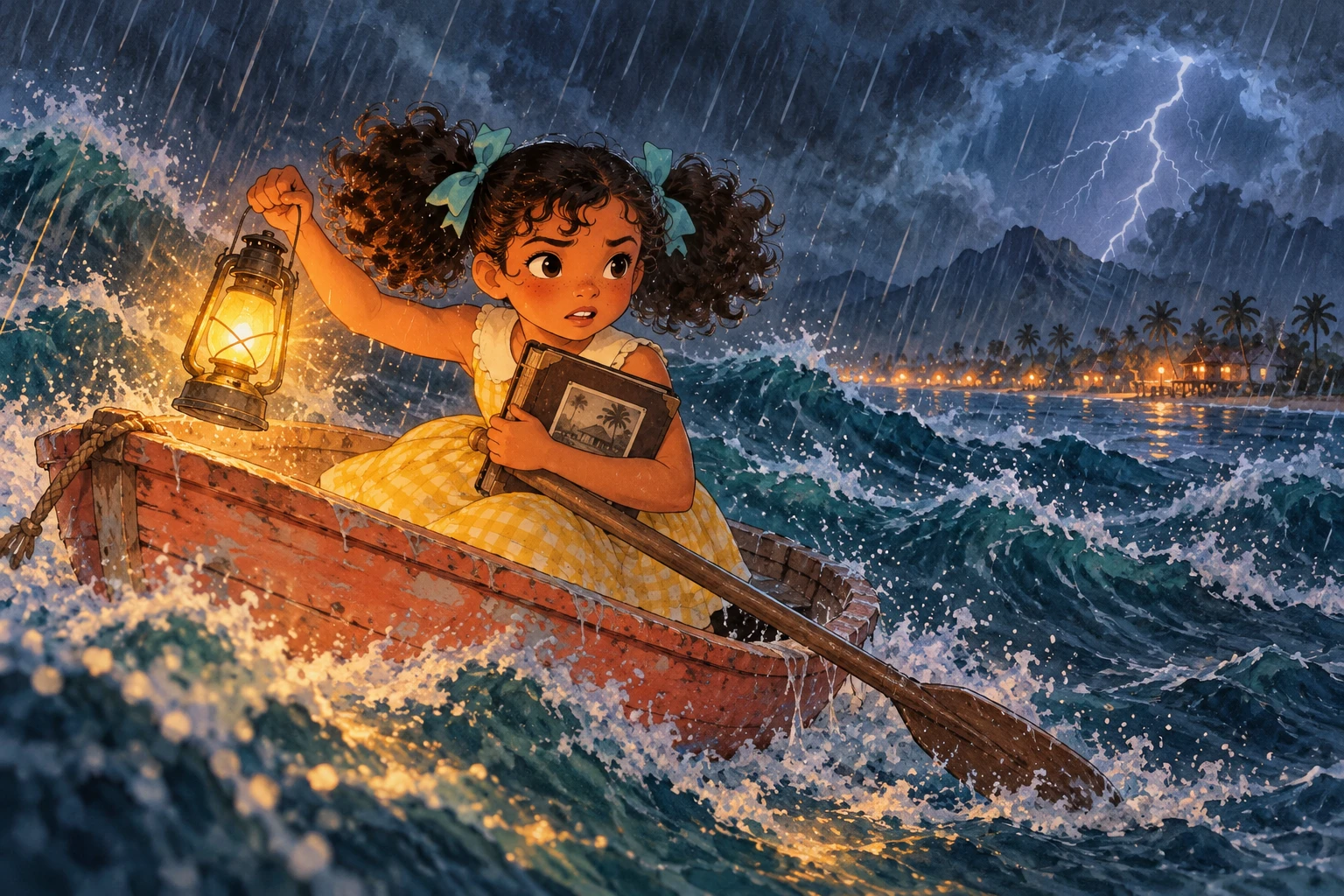 La nuit de la tempête, en 1962 : Noe, ses couettes bouclées trempées, rame seule dans une petite barque corail au milieu de vagues énormes, une lanterne allumée à la main et son album serré contre elle, sous la pluie et les éclairs, les lumières de la ville au loin