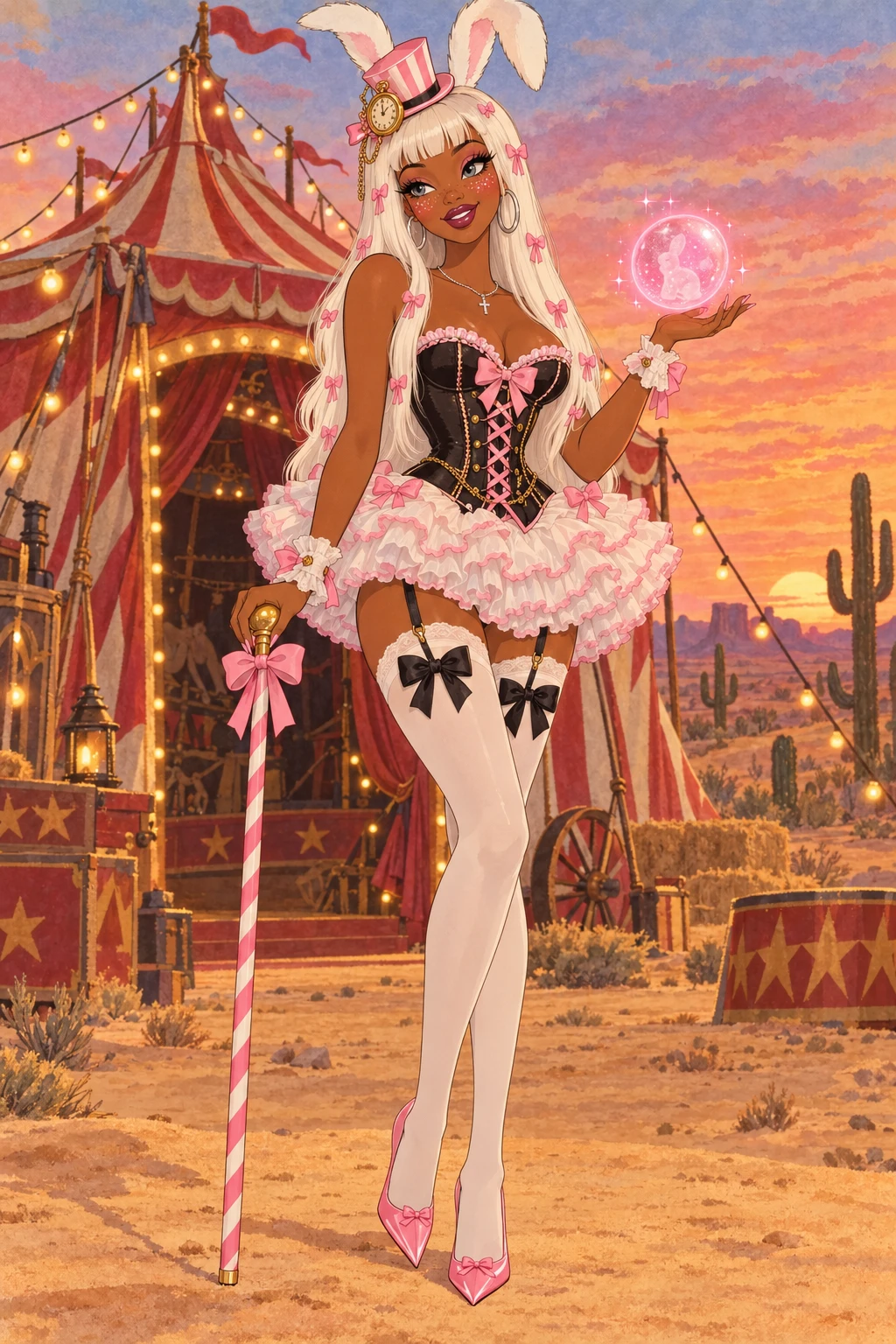 Twinkle, Madame Loyale du Cirque Taka : longs cheveux blancs semés de nœuds roses, mini haut-de-forme rose à oreilles de lapin et montre à gousset, corset noir lacé de rose, tutu à volants, bas blancs à nœuds noirs, canne rayée nouée de rose, et une boule de cristal rose qui flotte au-dessus de sa main, devant le chapiteau dans le désert au coucher du soleil