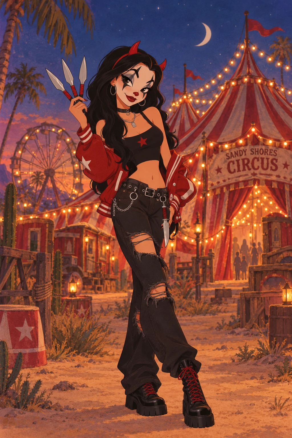 Twisty, la lanceuse de couteaux du Cirque Taka : longs cheveux noirs, petites cornes rouges, maquillage de clown, veste rouge, jean noir déchiré, rangers, trois couteaux en éventail, devant le chapiteau la nuit